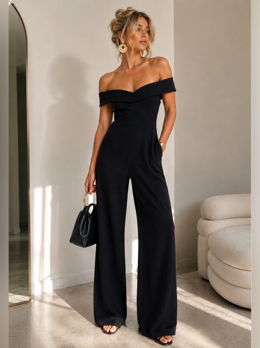 NWOT Black Halo Yoli Off-The-Shoulder Wide Leg Black Jumpsuit Size 0